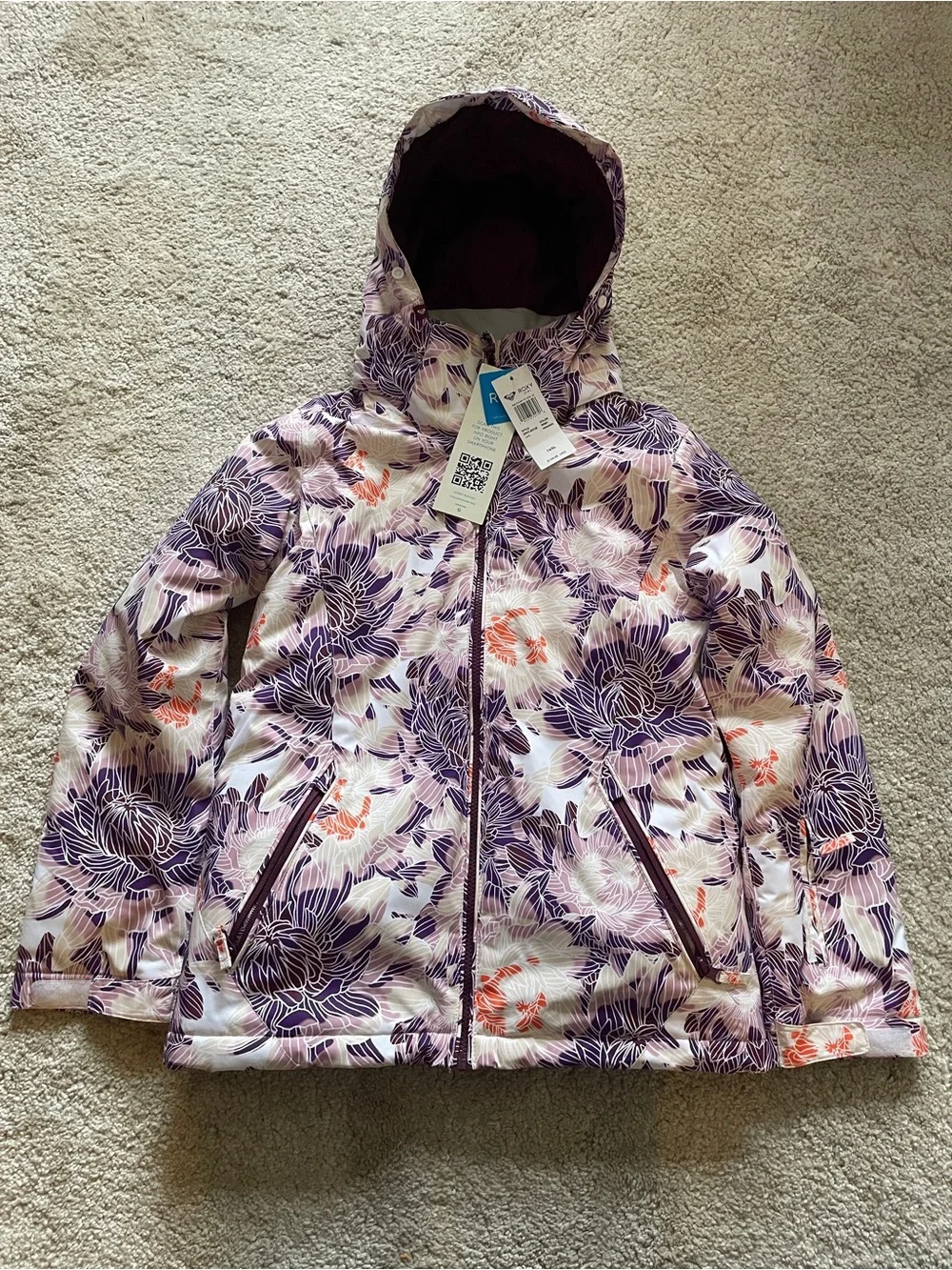 Roxy Floral Purple & Cream Ski Snow Jacket size 14 XL
